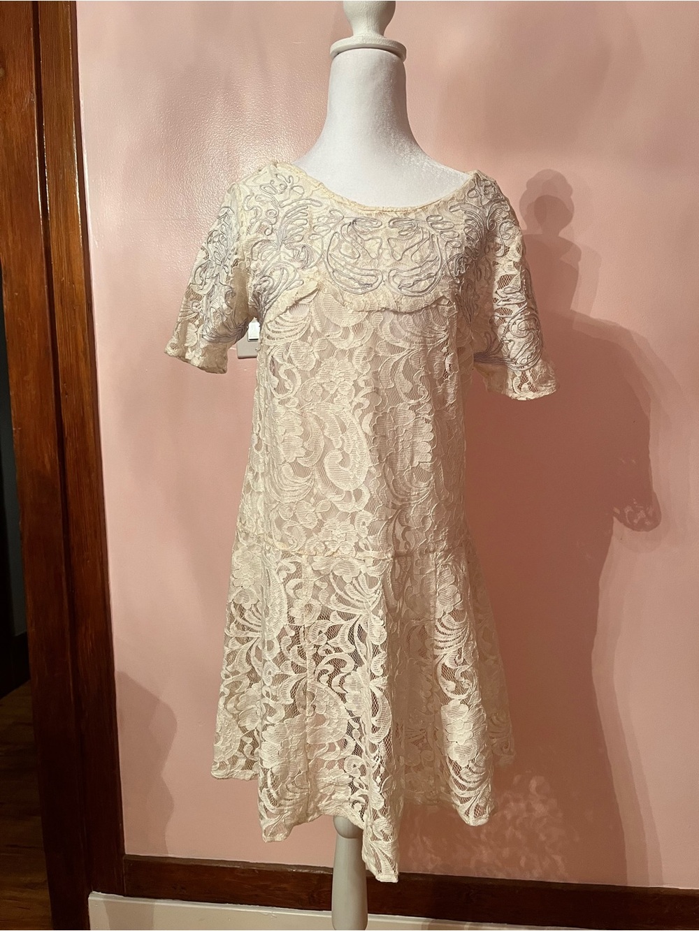 Free People Cream Lace Embroidered Scoop Neck Top